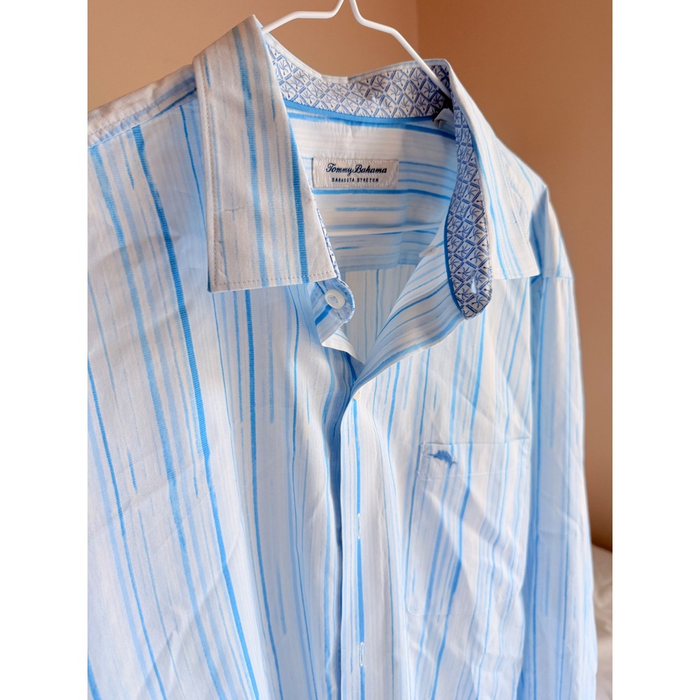 Tommy Bahama Sarasota Stretch Mens Blue White Striped Button Down Shirt L/S - Picture 8 of 11